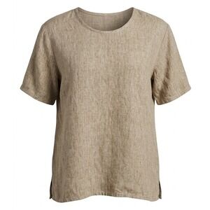 FLAX by Jeanne Engelhart 100% Linen Short Sleeve Top Womens Large Tan Brown